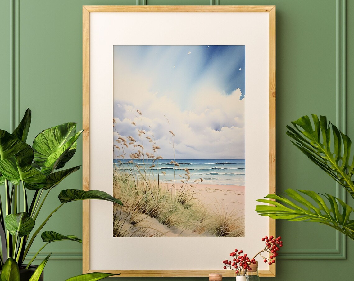 Beach Seashore Watercolor with Dune Grass Ocean Waves Poster - Image 5