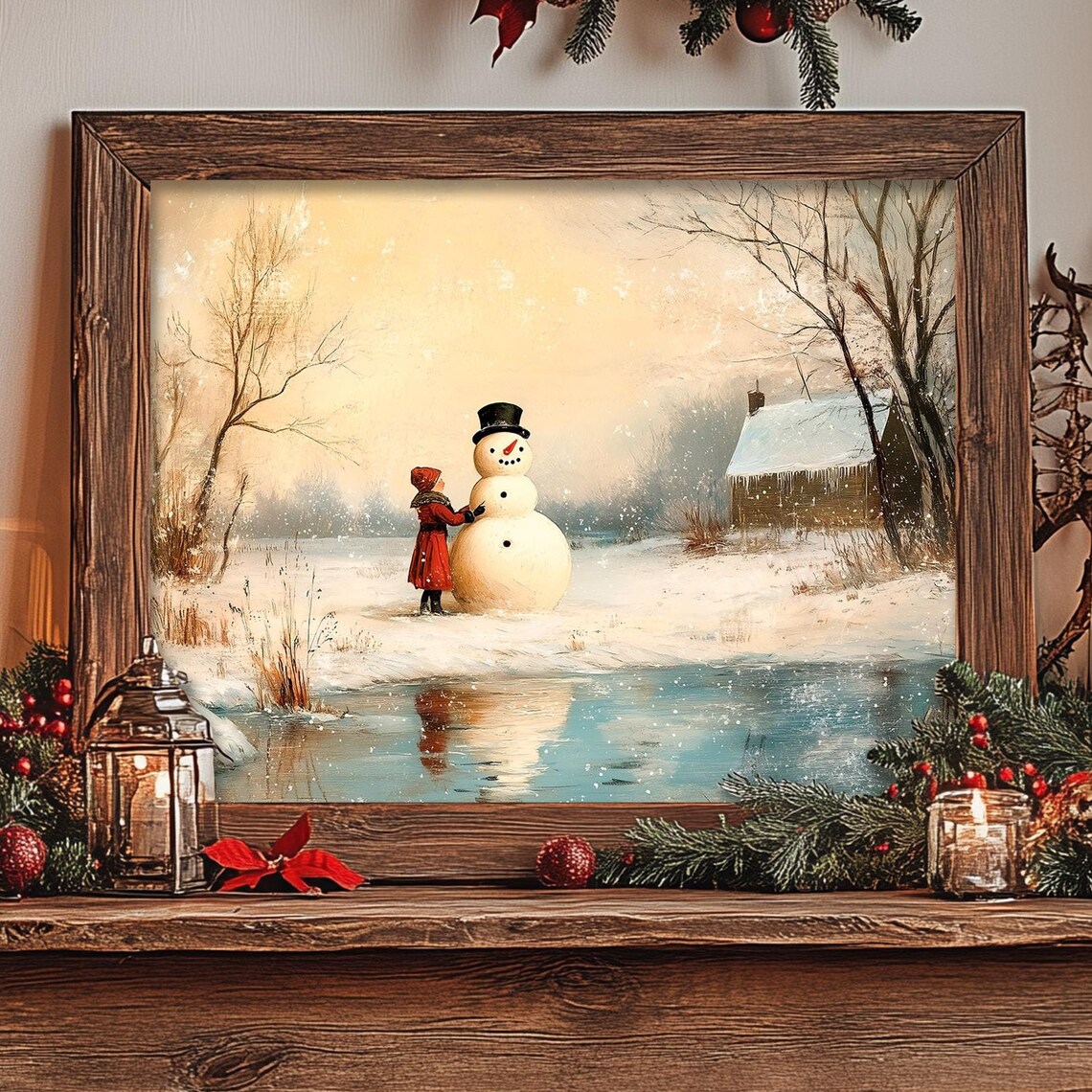 Vintage Winter Snowman Rustic Landscape Art Print