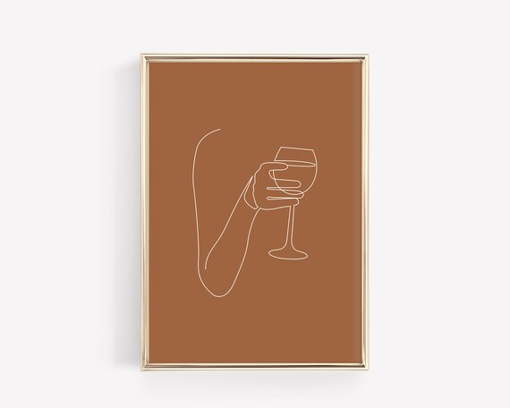 Minimalist Hand Holding Wine Glass Line Art Rust Bar Cart Poster