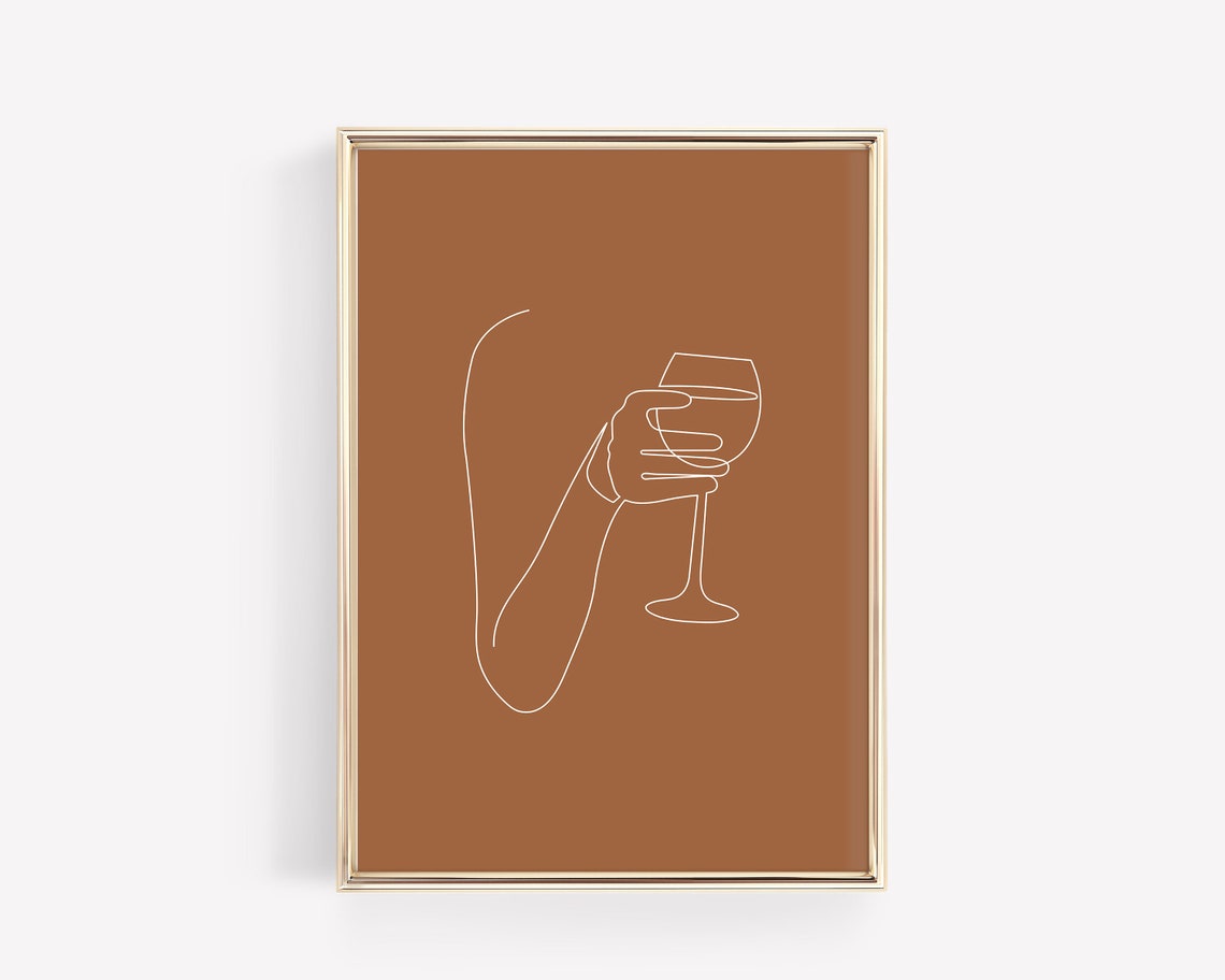 Minimalist Hand Holding Wine Glass Line Art Rust Bar Cart Poster