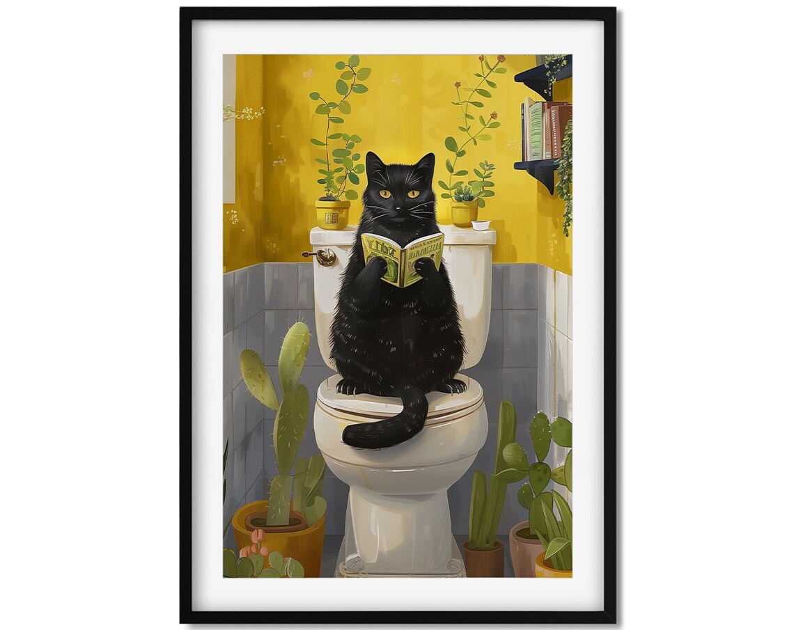 Black Cat On A Toilet, Funny Bathroom Poster