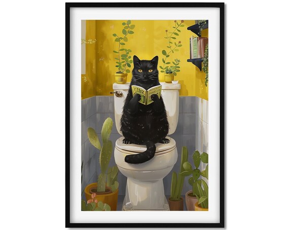 Black Cat On A Toilet, Funny Bathroom Poster