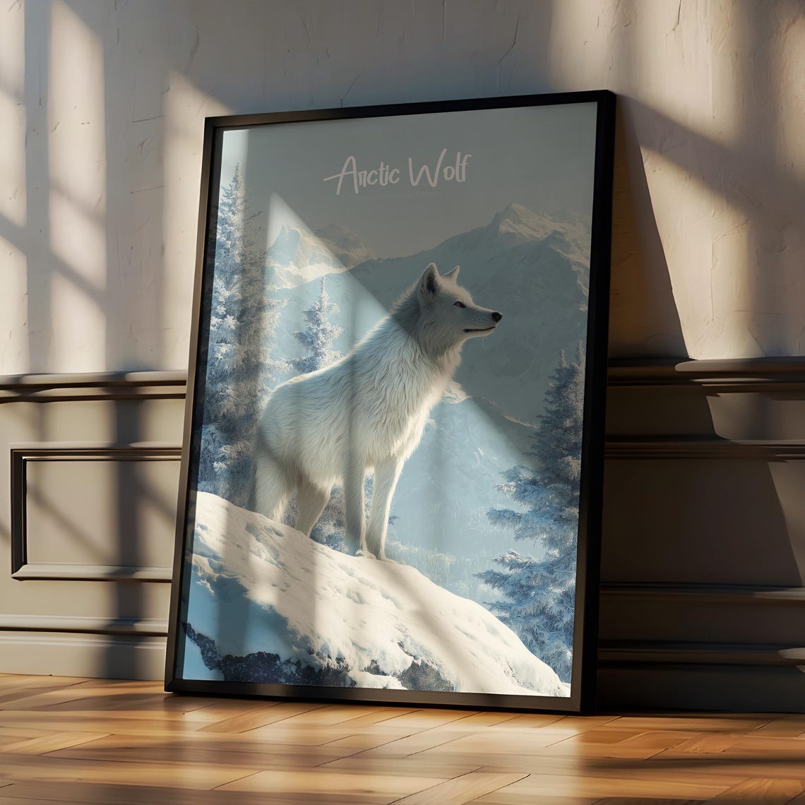 White Arctic Wolf Standing On Snowy Mountain Ledge Winter Poster