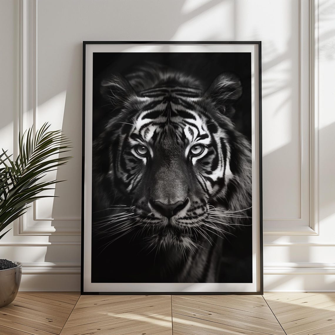 Monochrome Tiger Face Portrait Dramatic Black and White Big Cat Poster