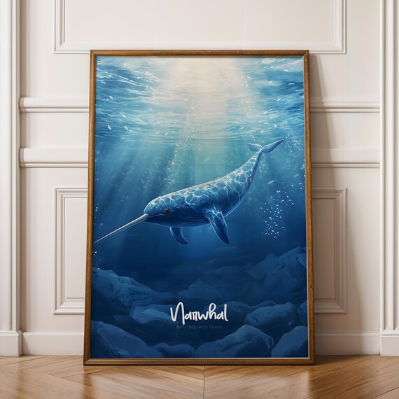 Narwhal Arctic Ocean Underwater Blue Whale Oceanic Art Poster