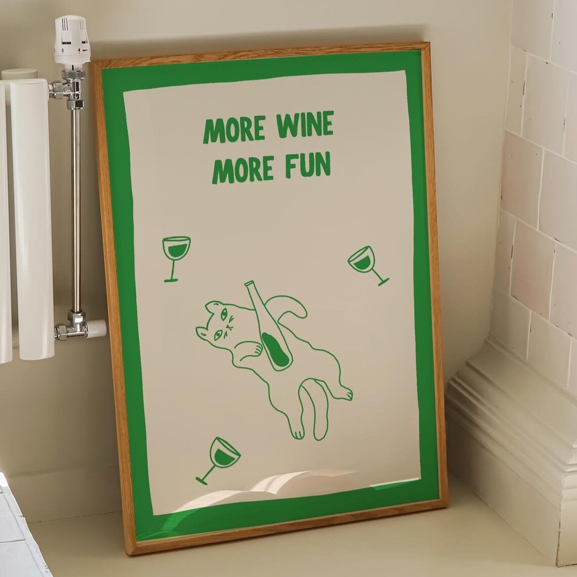 More Wine More Fun Green Line Art Cat Minimalist Wine Quote Poster