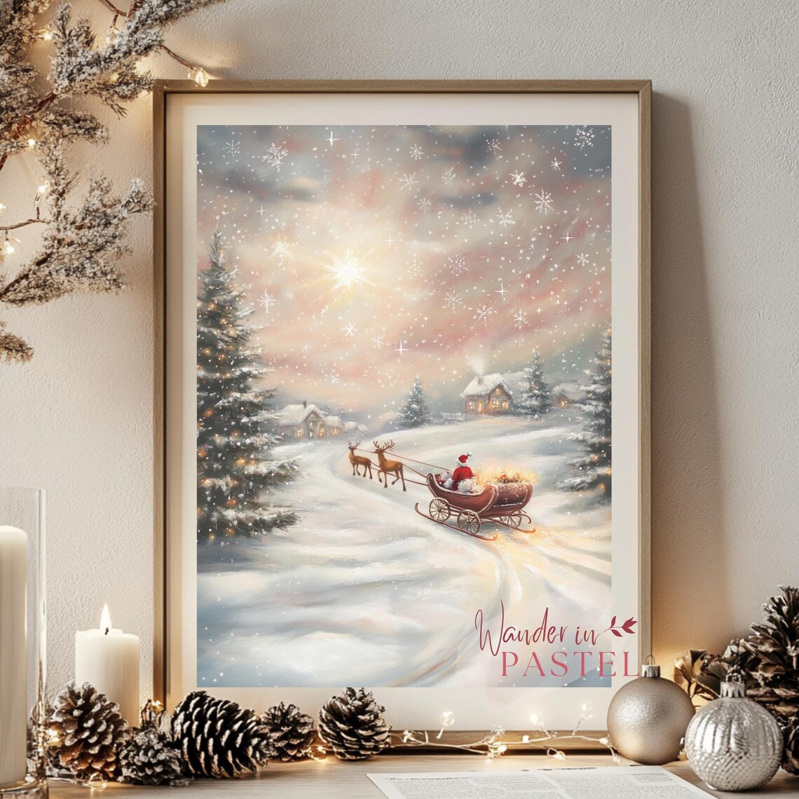 Whimsical Christmas Eve Santa Sleigh Reindeer Snowy Night Art Poster