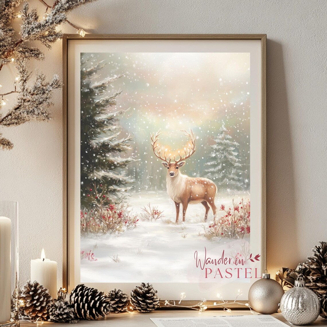 Reindeer in Snow Pine Forest Falling Snowflakes Winter Christmas Poster