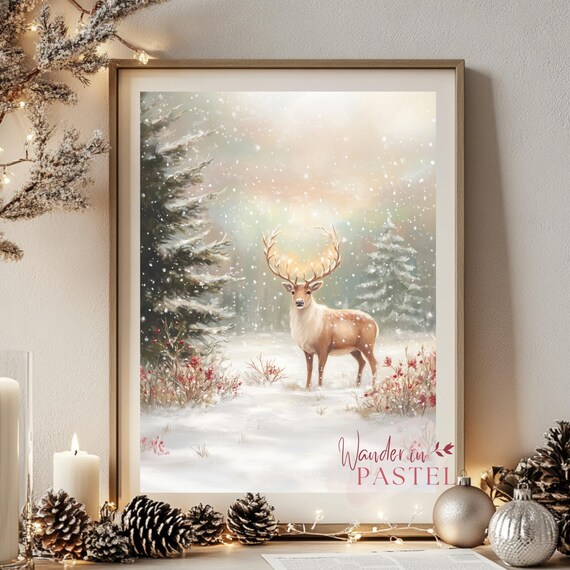 Reindeer in Snow Pine Forest Falling Snowflakes Winter Christmas Poster