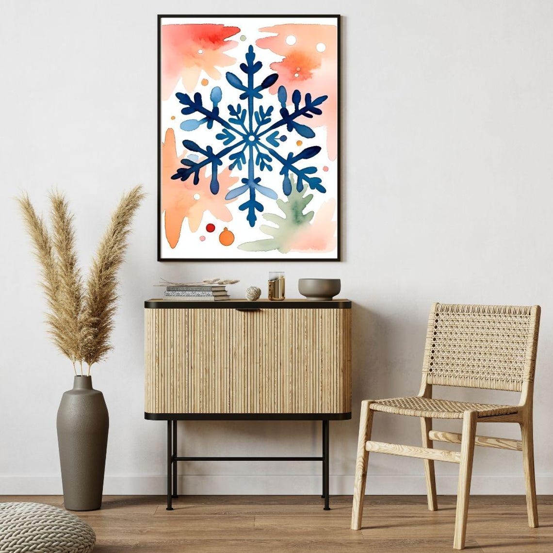 Navy Snowflake Watercolor Coral Background Christmas Holiday Wall Art - Image 2