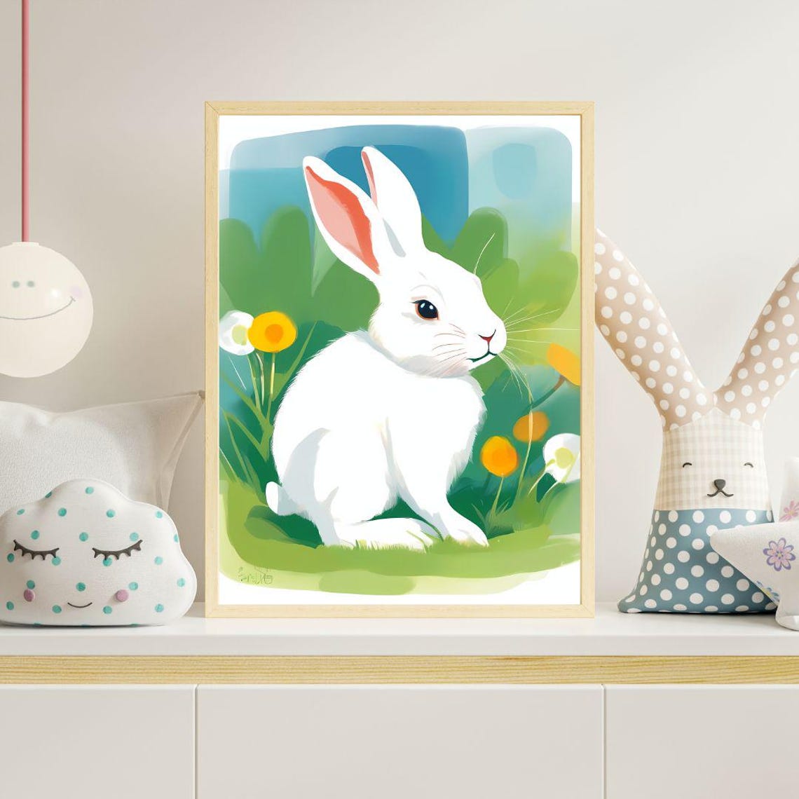 Cute White Bunny Rabbit Garden Flowers Kids Nursery Wall Art Print - Image 3