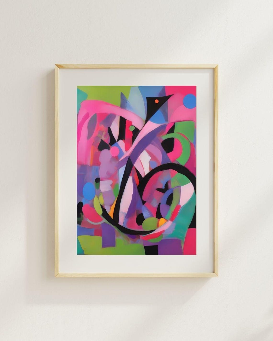 Abstract Dynamic Black Curve Shapes Pink Purple Green Modern Art Print