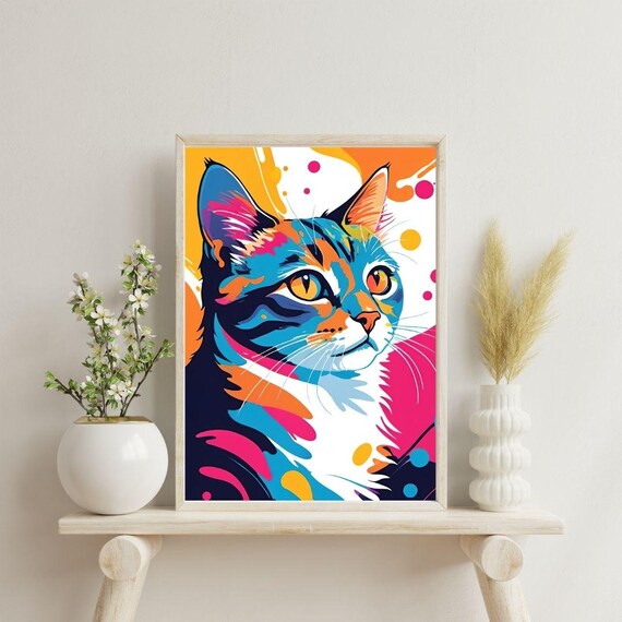 Colorful Pop Art Cat Portrait Orange Blue Pink Playful Animal Wall Art