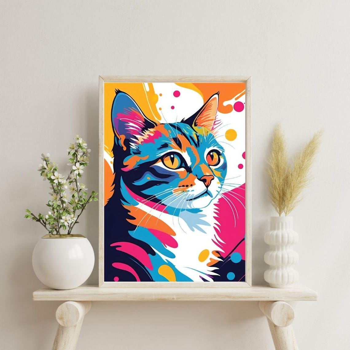 Colorful Pop Art Cat Portrait Orange Blue Pink Playful Animal Wall Art