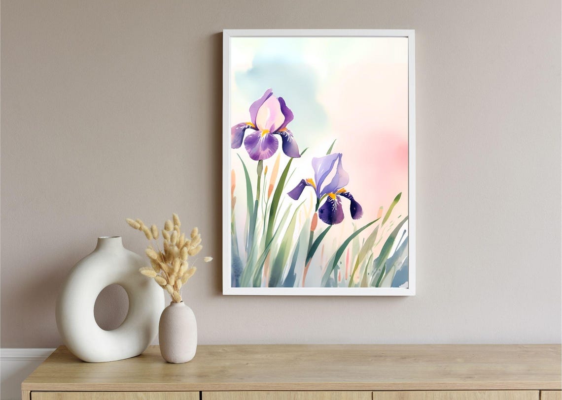 Purple Iris Flowers Watercolor Pastel Botanical Elegant Wall Art Print - Image 5