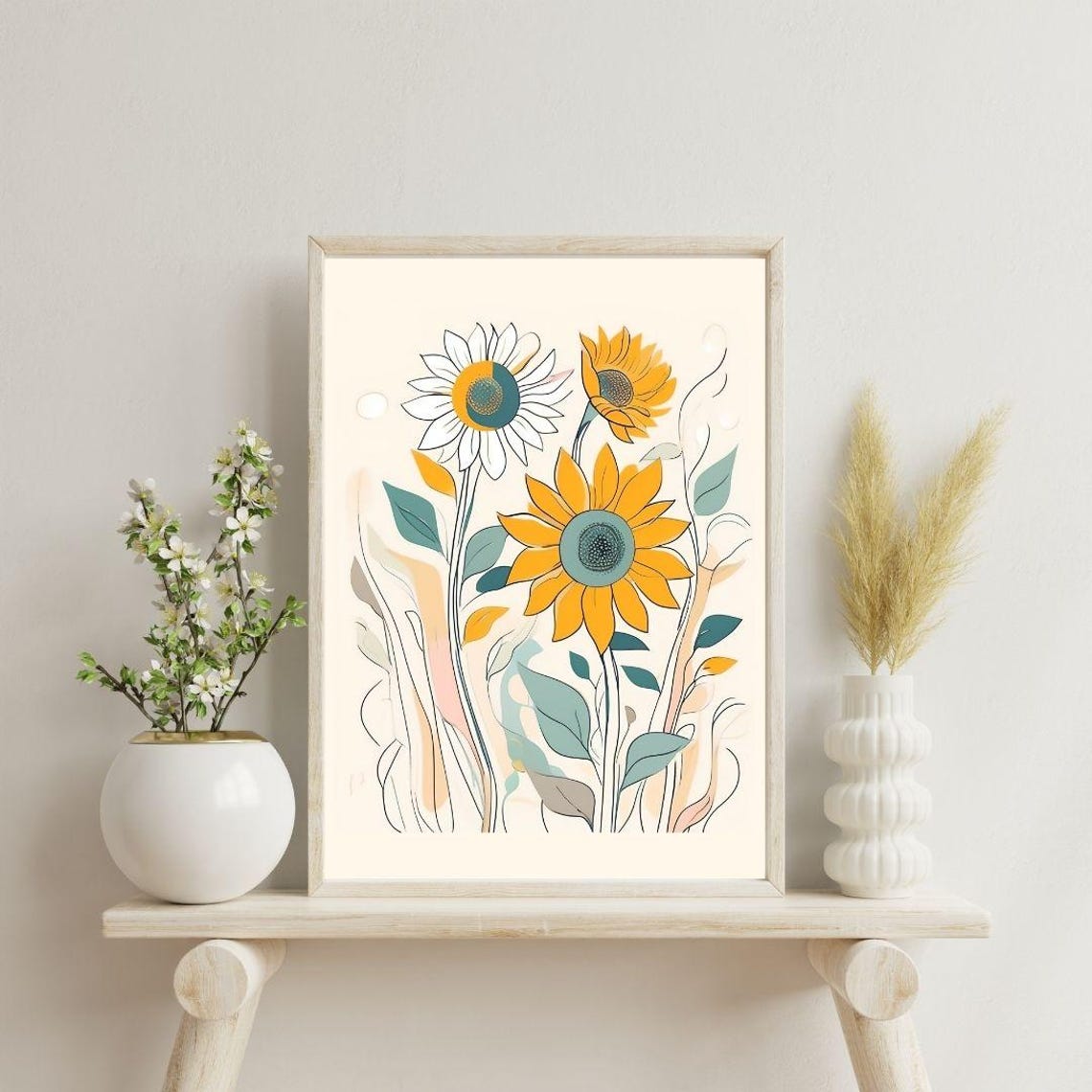 Sunflower Line Art Illustration Yellow Botanical Minimalist Wall Art