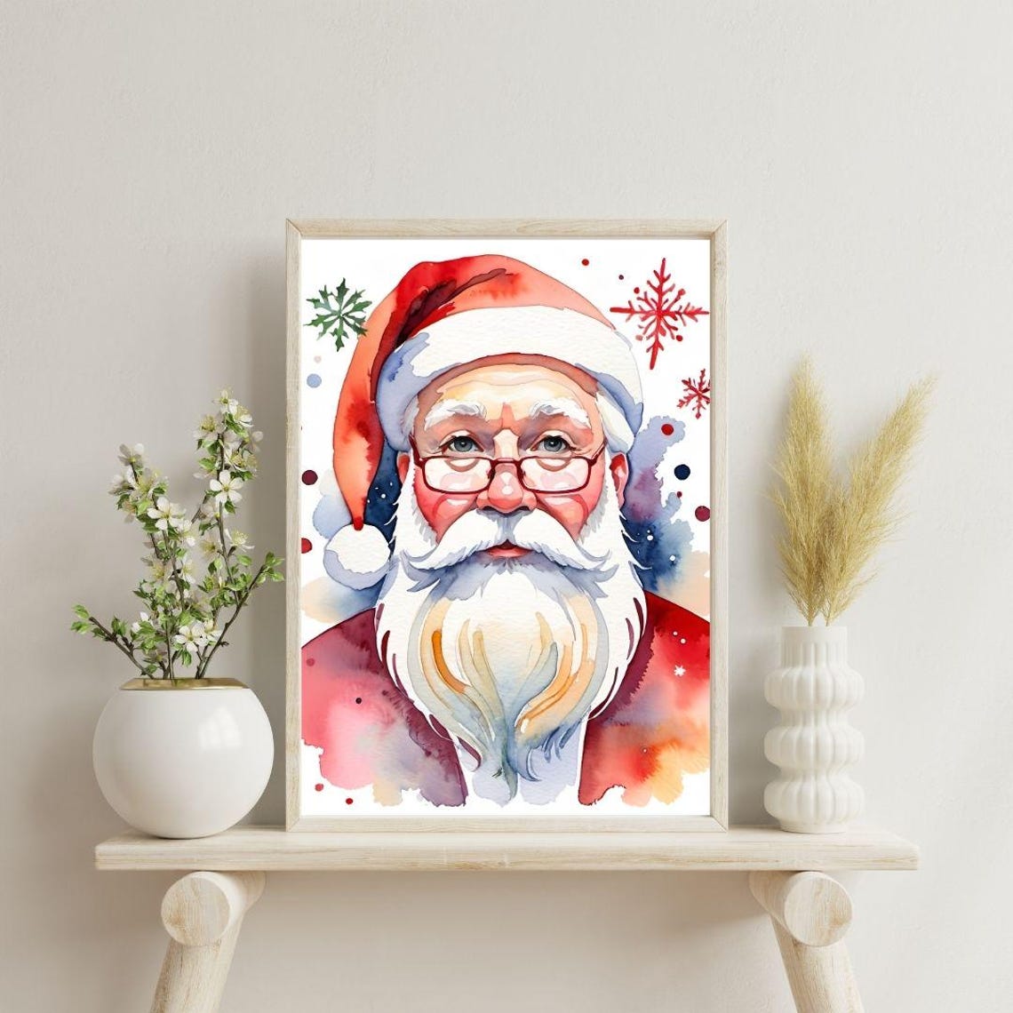 Santa Claus Watercolor Portrait Red Suit Snowflake Christmas Wall Art