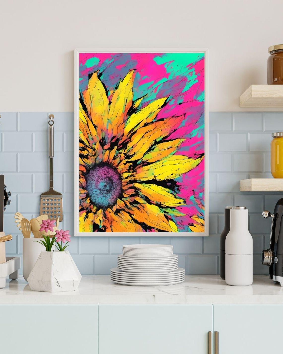 Neon Sunflower Pop Art Pink Teal Psychedelic Flower Wall Art Print - Image 4