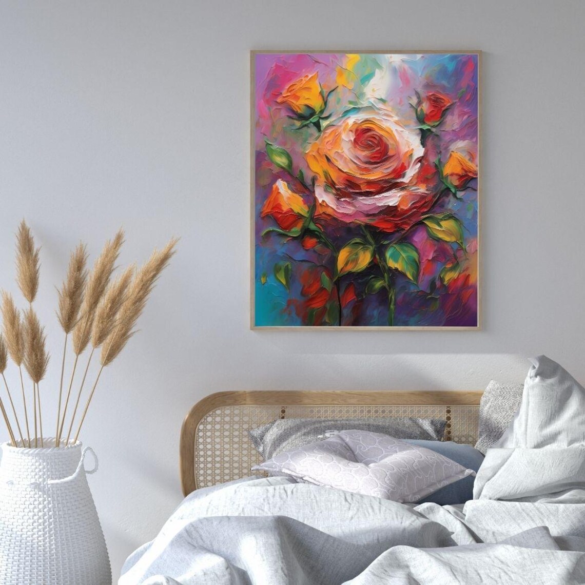Orange Rose Flower Oil Painting Buds Purple Background Wall Art Print - Image 4