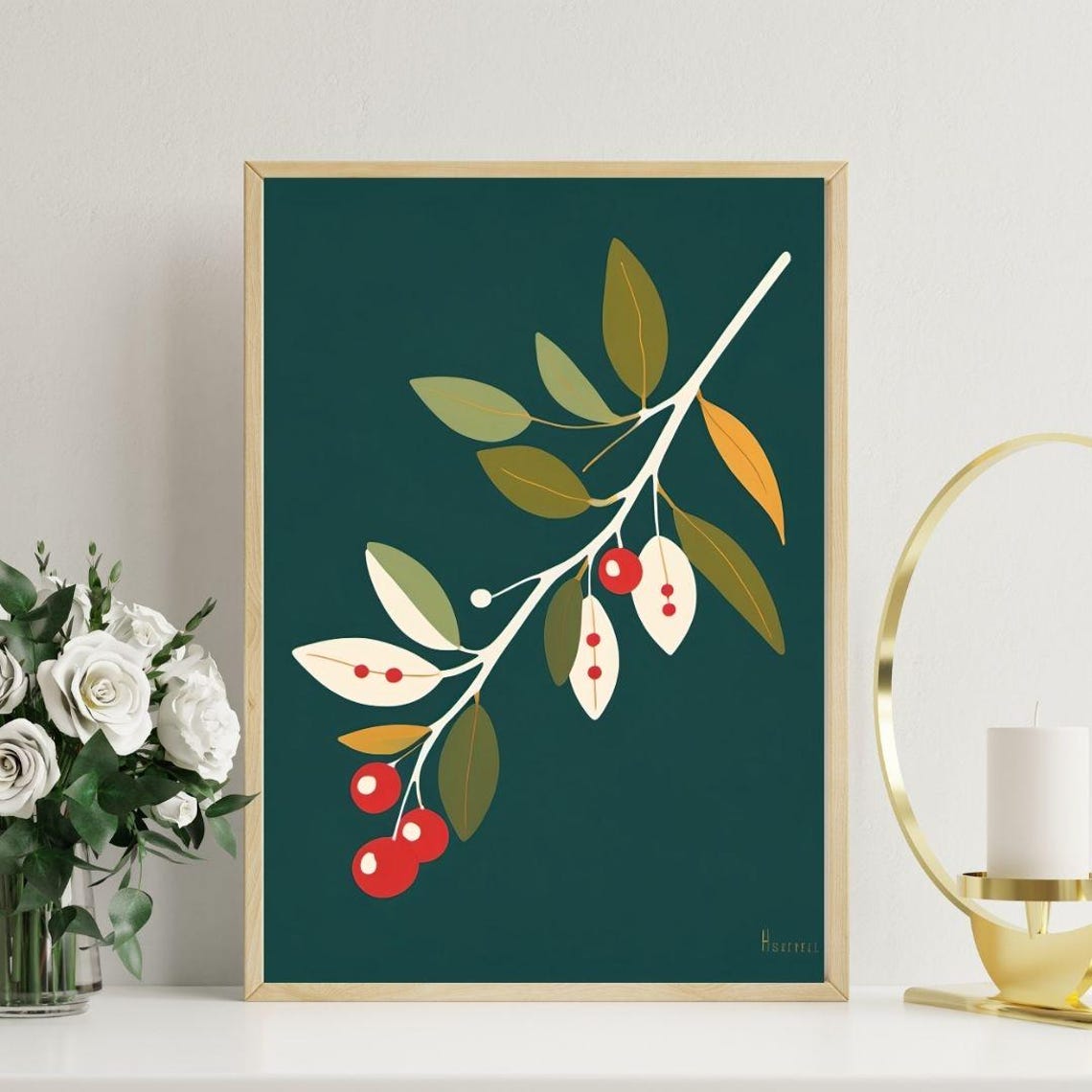 Mistletoe Branch Illustration Red Berries Dark Teal Holiday Wall Art - Image 2