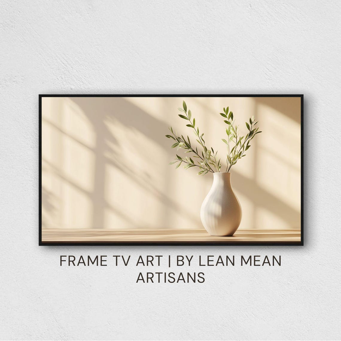 White Vase Olive Branches Sunlit Minimalist Still Life Print