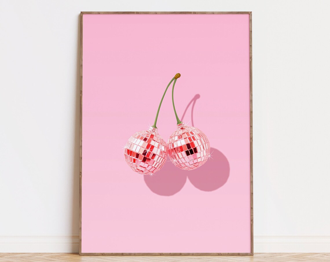 Cherry Disco Ball Art Print, Maximalist Bar Decor