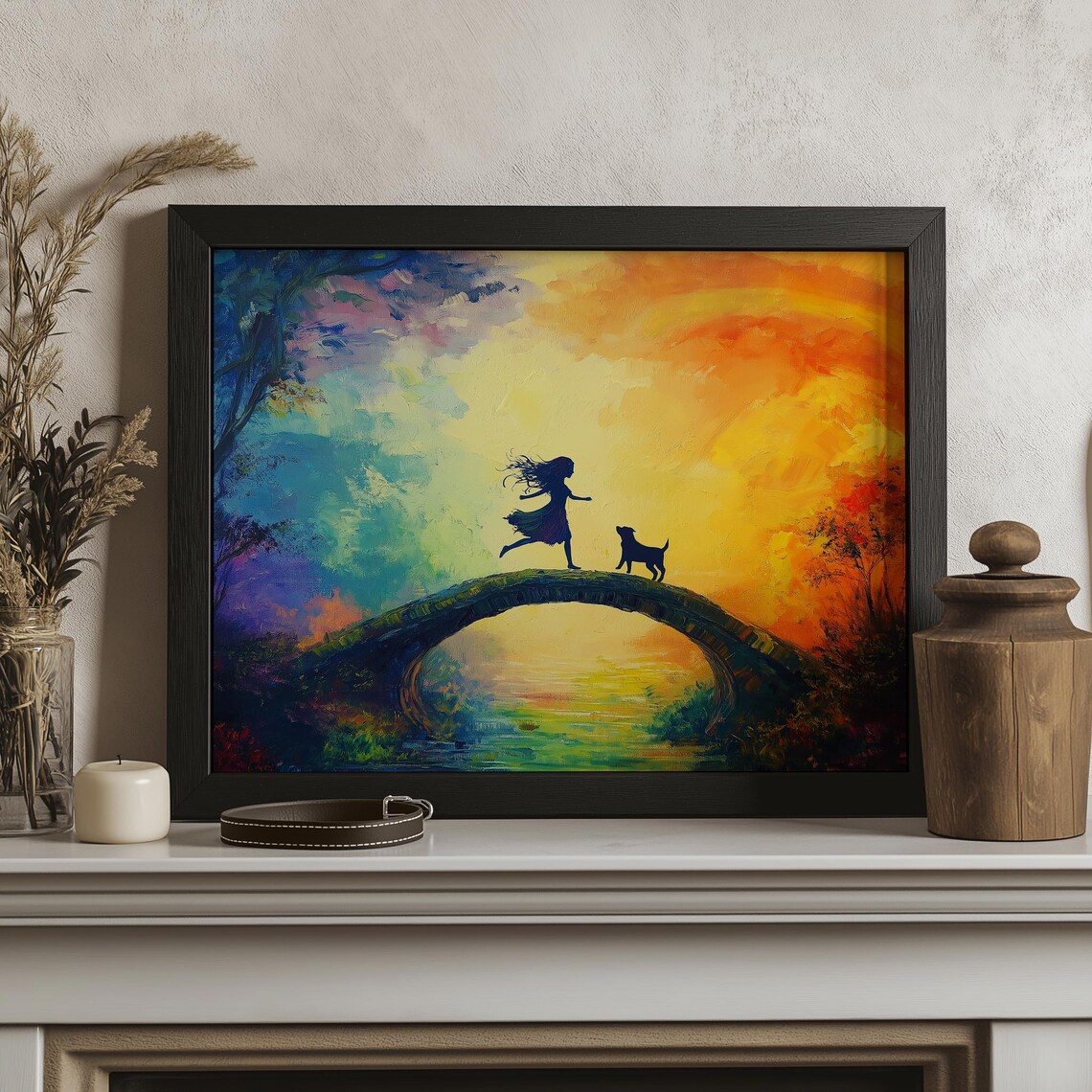 Girl and Dog on Bridge Dreamy Sunset Fantasy Painting Wall Art - Image 2