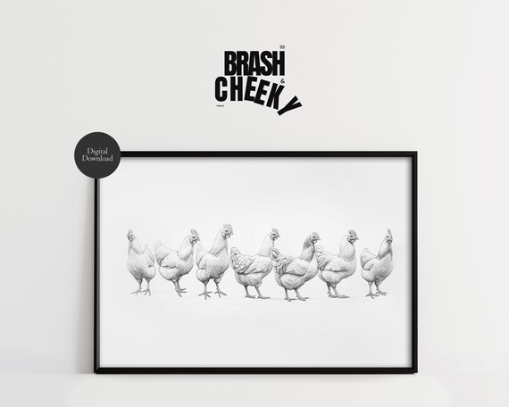 Hens All In A Row Pencil Sketch Chicken Wall Art Pencil Sketch Farmhouse Nursery Wall Decor Cute Chicken Print