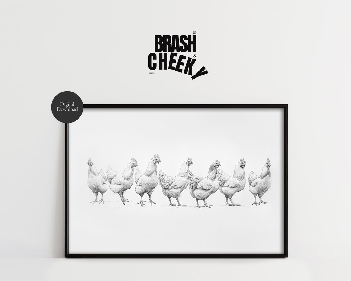Hens All In A Row Pencil Sketch Chicken Flock Farmhouse Poster