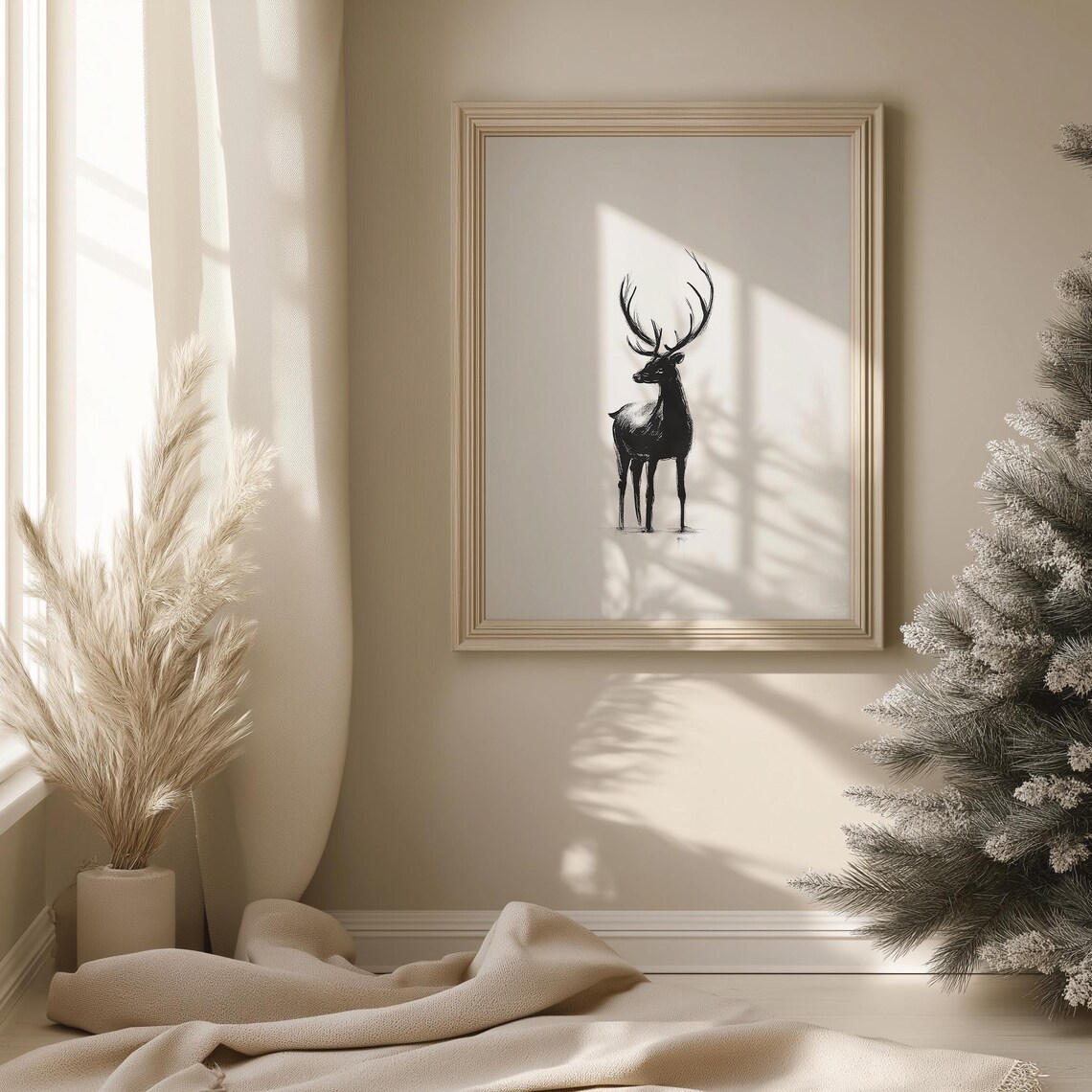 Elegant Stag Deer Silhouette Minimalist Charcoal Sketch Art Print - Image 2