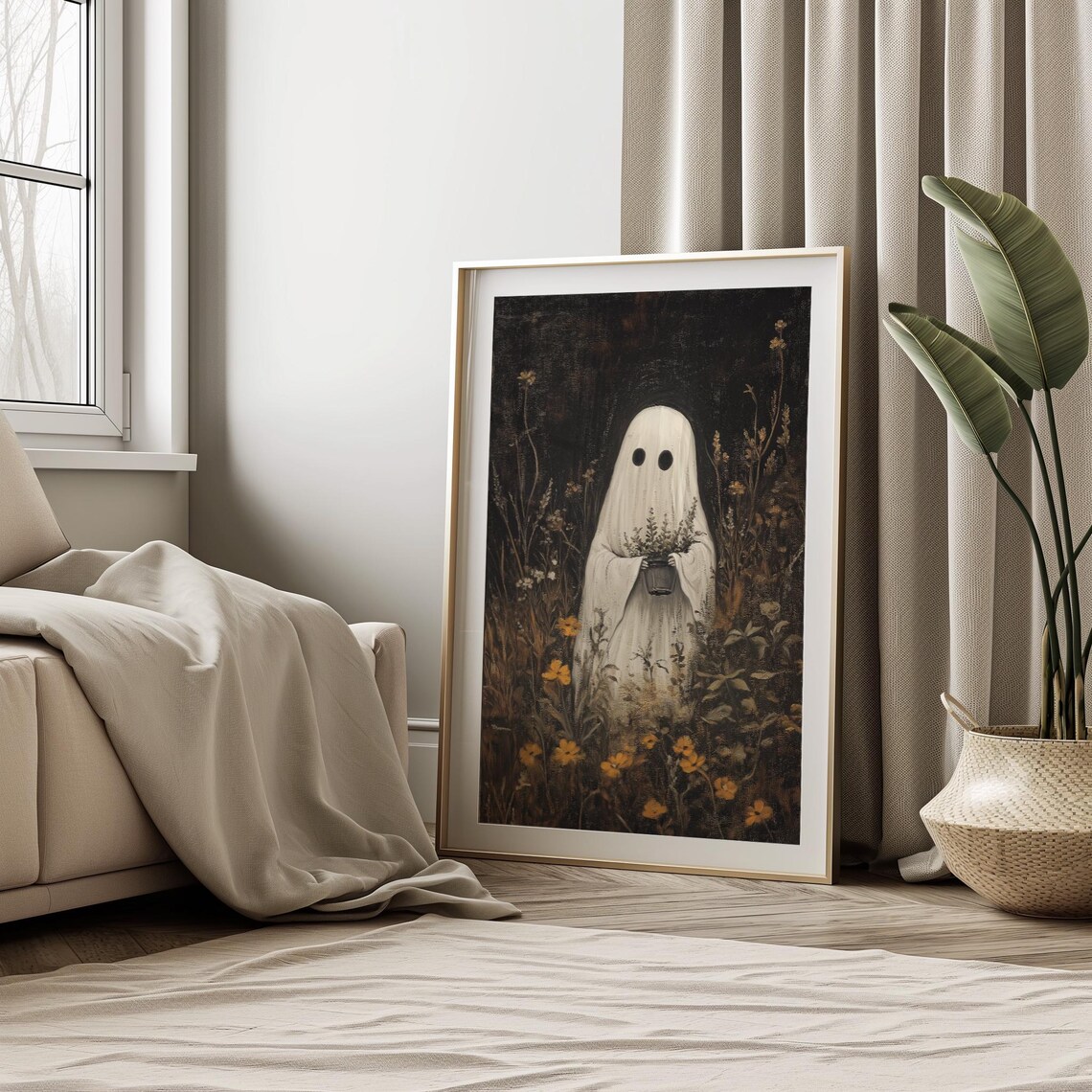Cute Ghost Holding Plant In Dark Wildflower Garden Art Poster - Image 3