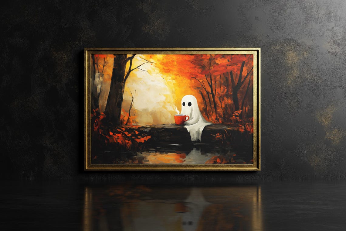 Ghost Drinking Coffee Peaceful Fall Ghost Drinking From A Mug In The Woods Print Cute Fall Ghost Wall Decor - Image 3