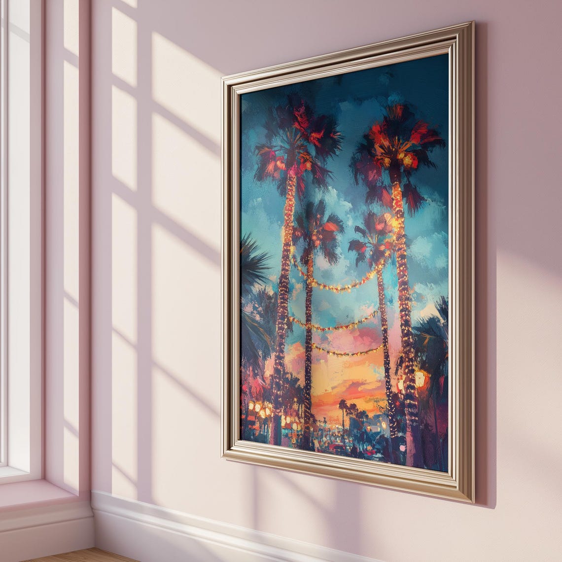 Palm Trees at Sunset With String Lights Painterly Coastal Art Print