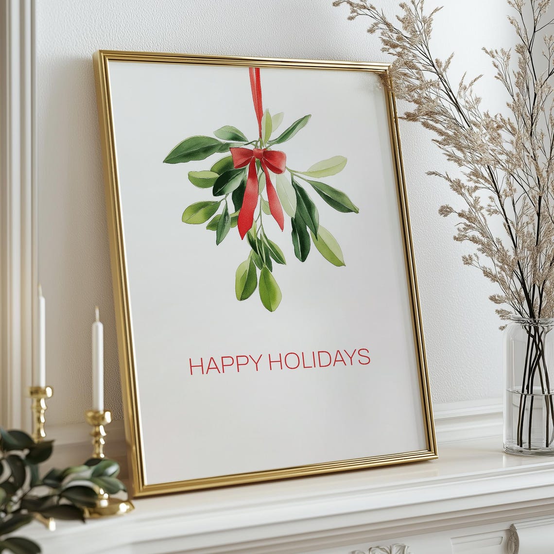 Happy Holidays Mistletoe With Red Bow Botanical Watercolor Print