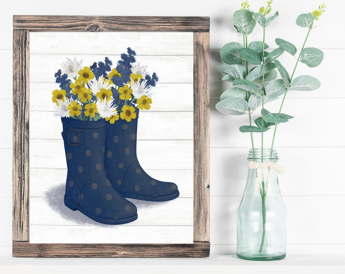Navy Rain Boots Polka Dots With Flowers Bathroom Wall Poster