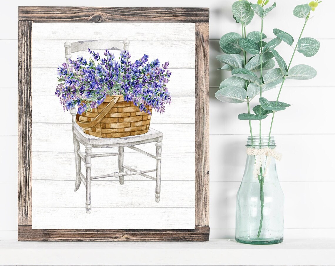 White Distressed Chair with Basket of Lavender Flowers Poster