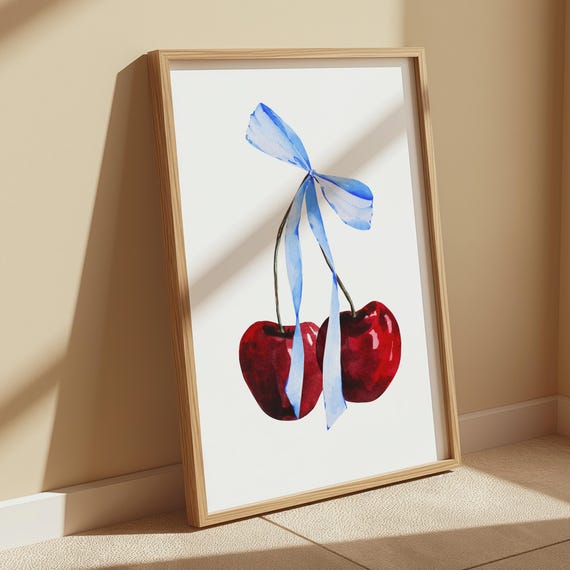 Coquette Room Decor Blue Bow Cherry Wall Art Print Trendy Wall Art Aesthetic Apartment Decor Girly Wall Art Cherry Poster Preppy Art