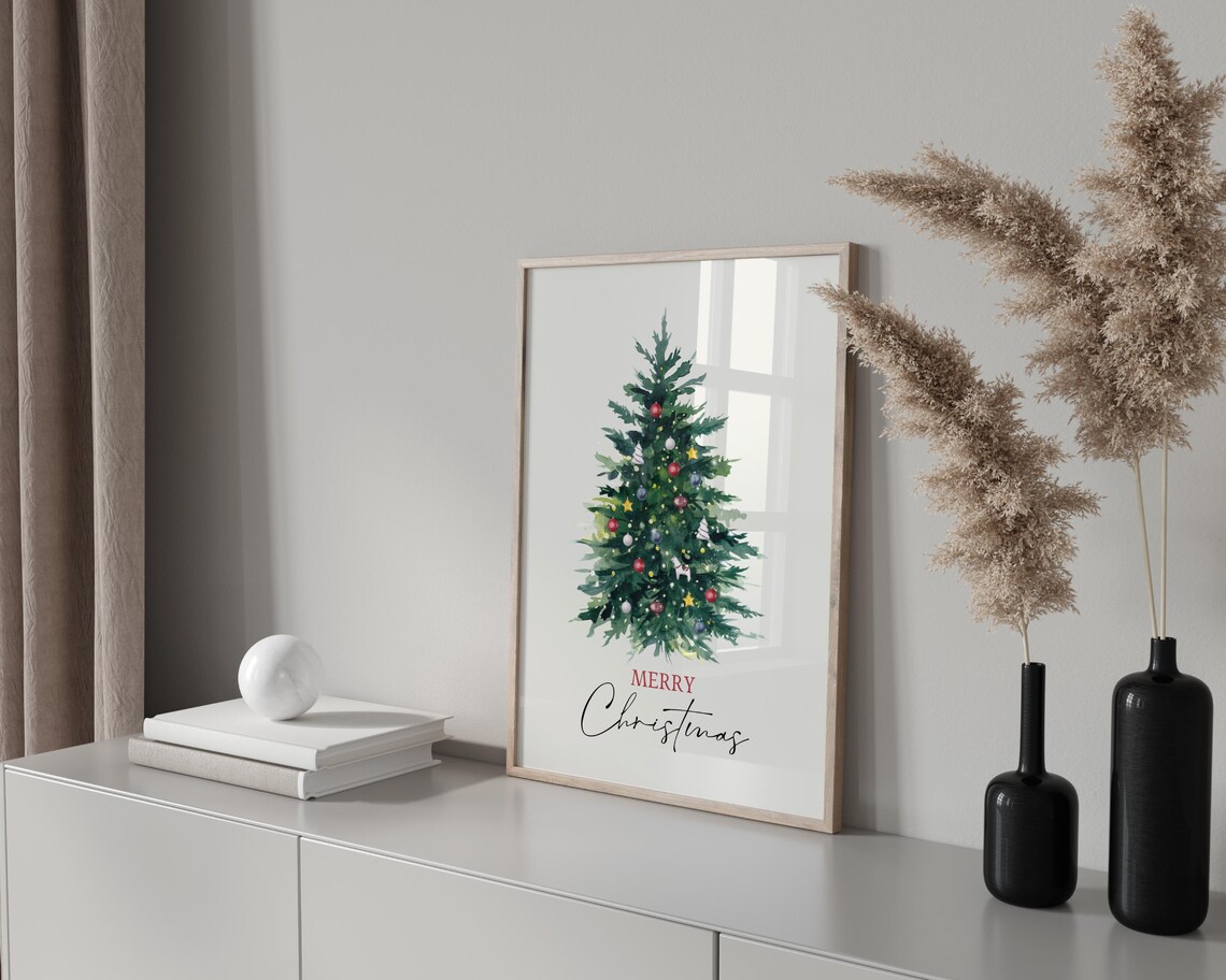 Merry Christmas Watercolor Tree Red Gold Ornaments Holiday Wall Art - Image 3