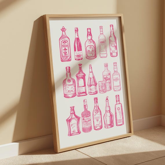 Pink Bar Cart Print Vintage Bar Cart Decor Alcohol Bottles Aesthetic Print Kitchen Wall Art Bar Printables Art Drinks Wall