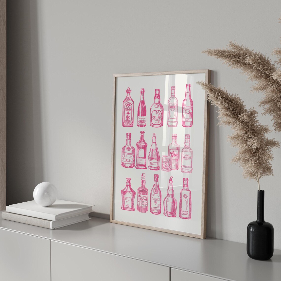 Pink Bar Bottles Line Art Sketch Tequila Whiskey Gin Vodka Poster - Image 3