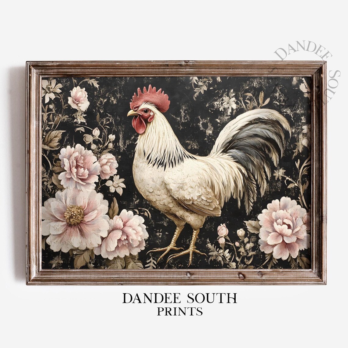 White Rooster Wall Art Black Background Pink Peony Floral Painting