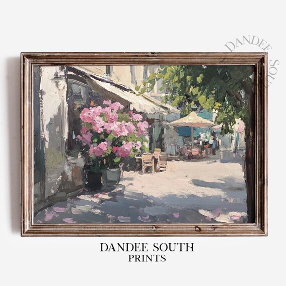 Charming European Cafe Street Pink Blossoms Sunlit Alley Painting Poster