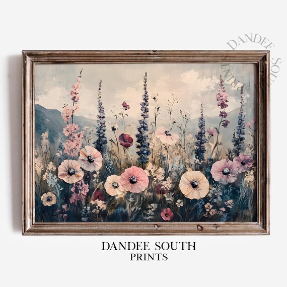 Wildflowers Wall Art Floral Vintage Farm House Oil Painting Landscape Moody 085