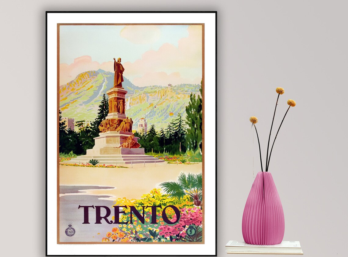 Trento Italy Monument Flower Gardens Vintage Italian Travel Poster