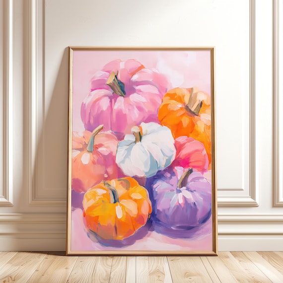 Colorful Pumpkin Painting Pastel Fall Decor Pink Orange Purple Halloween Wall Art