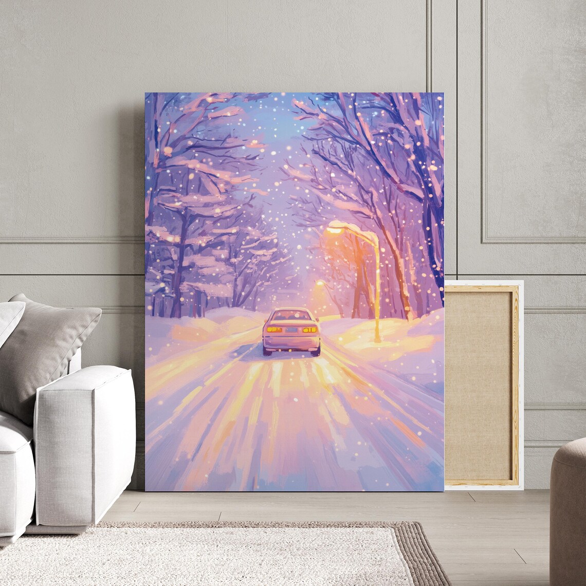 Winter Snowy Road Painting, Purple Winter Landscape - Image 2