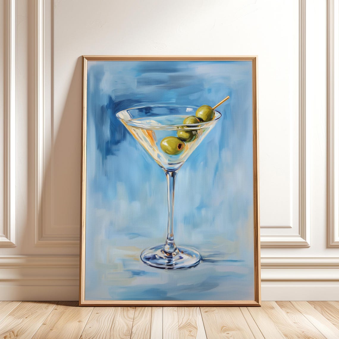 Martini Glass Olives Blue Background Cocktail Bar Painting Poster