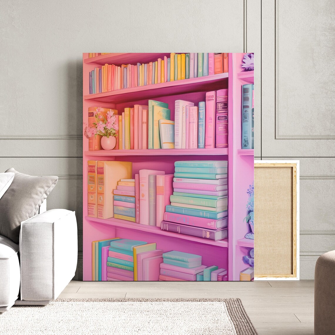 Pink Bookshelf Painting, Colorful Abstract Book Art - Image 4
