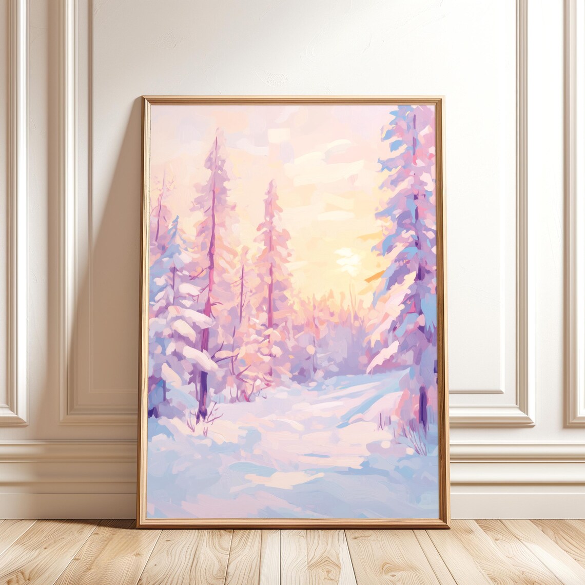 Winter Pastel Forest Painting, Pink Christmas Tree