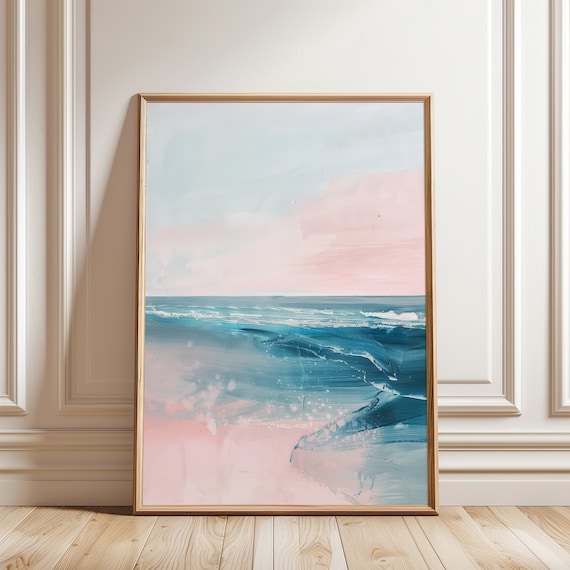 Dreamy Pink Beach Painting Pastel Coastal Abstract Ocean Wall Art